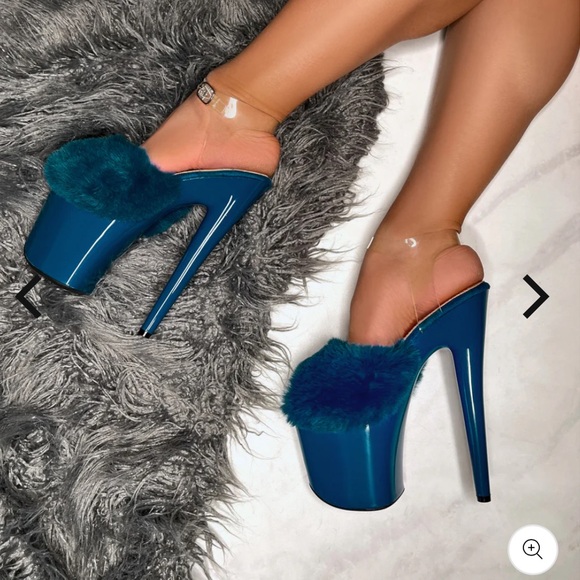 Hella Heels Shoes - NWOB Teal Hella Heels 8in Platform Sandals Stripper Slipper Lush Fluffy Faux Fur